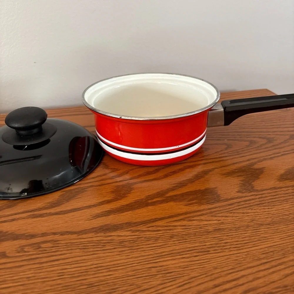 Free w bundle of 2+ Vtg  Red Enamel Saucepan w Lid | Mid Century Cookware
